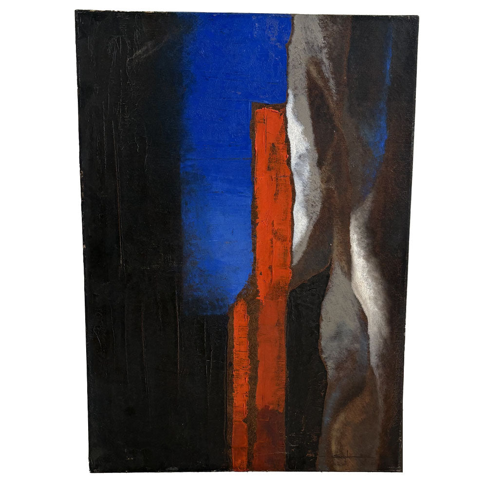 Blue & Terracotta Abstract Painting – Vertical Contrast